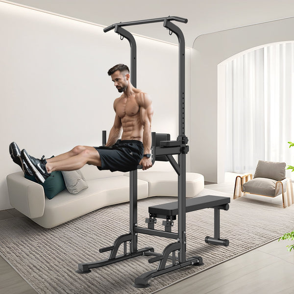 Vevor Power Tower With Bench 10 Level Height Adjustable Pull Up Bar Stand Dip Station & Detachable Multi Function Home Gym Strength Training Fitness E