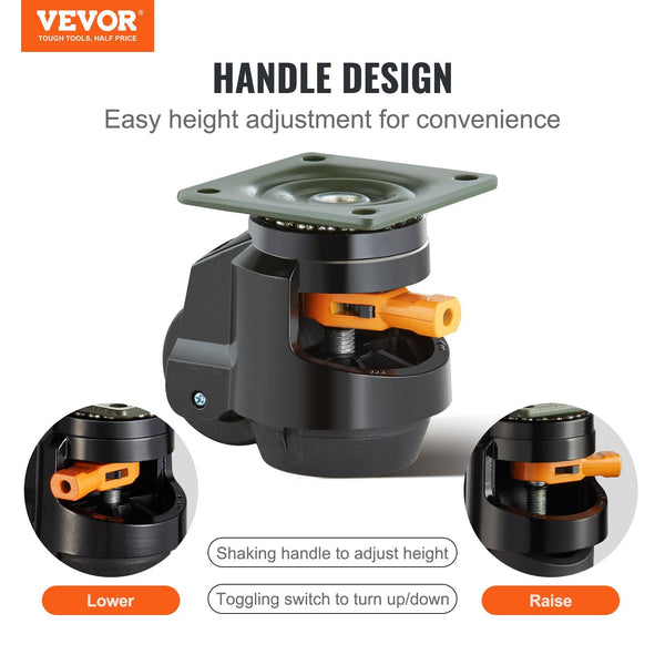 Vevor Leveling Casters Set Of 4 1000 Kg Total Load Capacity 63.5 Mm Heavy Duty With Upgraded Handle Design 360 Degree Swivel Wheels Adjustable Feet Fo