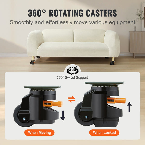 Vevor Leveling Casters Set Of 4 1000 Kg Total Load Capacity 63.5 Mm Heavy Duty With Upgraded Handle Design 360 Degree Swivel Wheels Adjustable Feet Fo