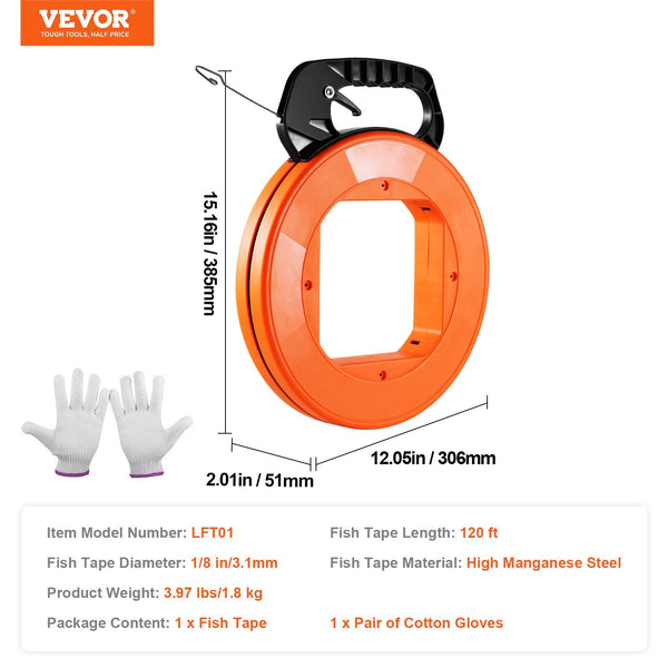 Vevor Fish Tape 36.58 M Mm Steel Wire Puller With Optimized Housing And Handle Easy To Use Cable Tool Flexible Fishing Tools For Walls Electrical Cond