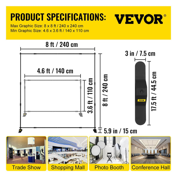 Telescopic Backdrop Banner Stand 8' X Adjustable Step And Repeat Retractable With Carrying Bag (8 Ft) Other Party Supplies