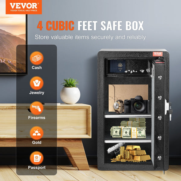 Single Door 4.0 Cu.Ft Safe Box With Key Lock & Password Fireproof Bag Rack Led Light 2 Shelves And 1 Cabinet For Money Documents Jewelry Valuables Bla