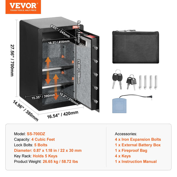 Single Door 4.0 Cu.Ft Safe Box With Key Lock & Password Fireproof Bag Rack Led Light 2 Shelves And 1 Cabinet For Money Documents Jewelry Valuables Bla