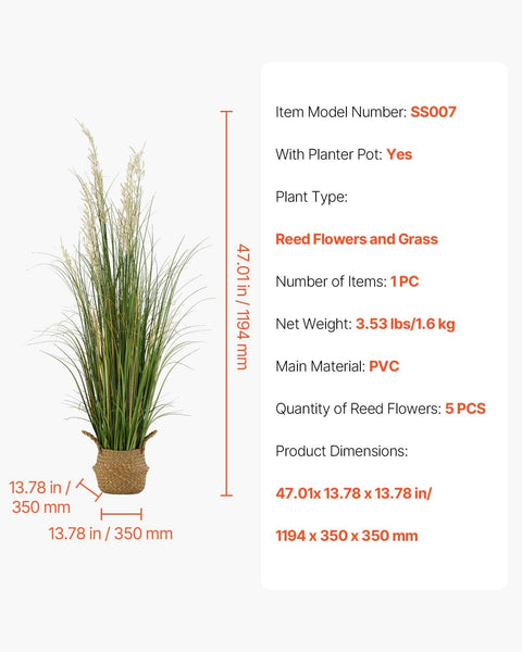 Plant 1194Mm Reed Flower In Pot Premium Pvc Faux Fake Greenery Shrubs Pack Artificial Grass