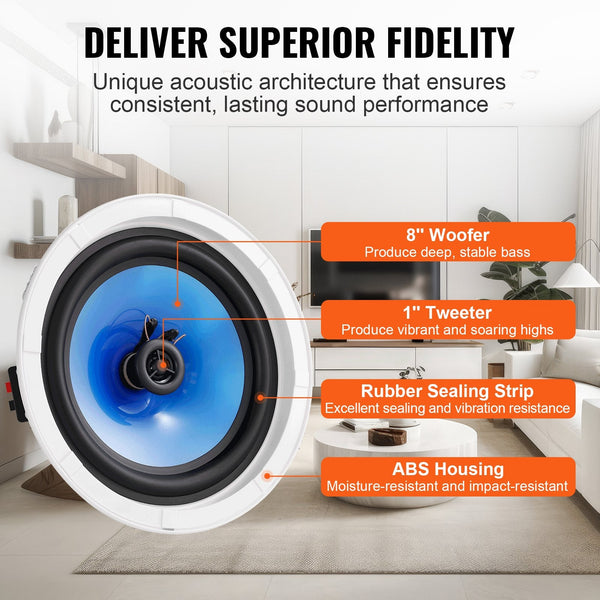 Vevor 2 Pcs 203.2 Mm In Ceiling Speakers 50 Watts Flush Mount & Wall System With Impedance 89Db Sensitivity For Home Kitchen Living Room Bedroom Or Co
