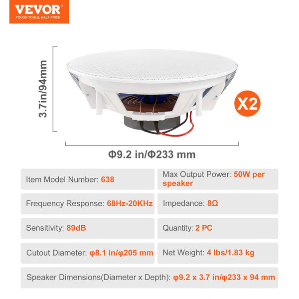 Vevor 2 Pcs 203.2 Mm In Ceiling Speakers 50 Watts Flush Mount & Wall System With Impedance 89Db Sensitivity For Home Kitchen Living Room Bedroom Or Co