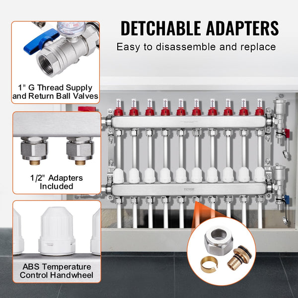 Vevor 10 Branch Radiant Heat Manifold 1/2" Pex Tubing Stainless Steel For Hydronic Floor Heating Kit With Adapters Included Other Pipe Tools