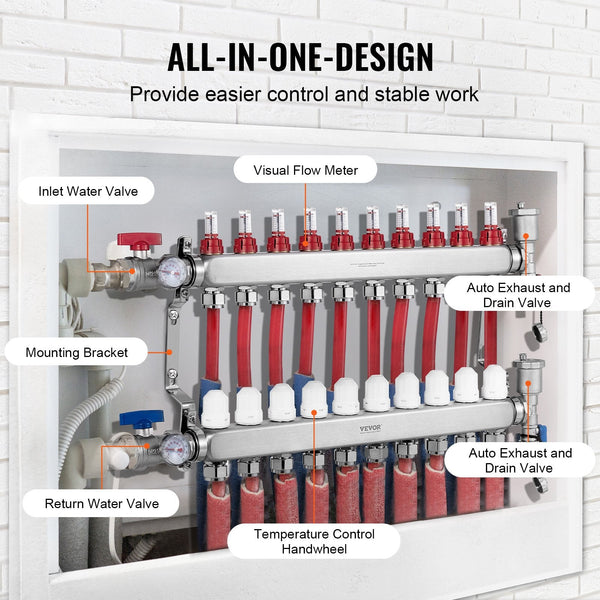 Vevor 10 Branch Radiant Heat Manifold 1/2" Pex Tubing Stainless Steel For Hydronic Floor Heating Kit With Adapters Included Other Pipe Tools