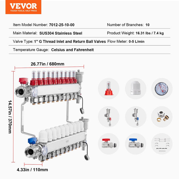Vevor 10 Branch Radiant Heat Manifold 1/2" Pex Tubing Stainless Steel For Hydronic Floor Heating Kit With Adapters Included Other Pipe Tools