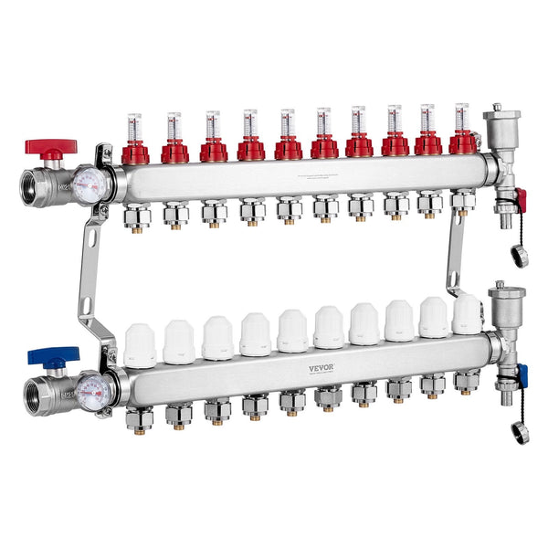 Vevor 10 Branch Radiant Heat Manifold 1/2" Pex Tubing Stainless Steel For Hydronic Floor Heating Kit With Adapters Included Other Pipe Tools