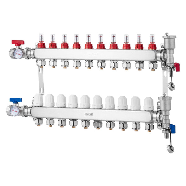 Vevor 10 Branch Radiant Heat Manifold 1/2" Pex Tubing Stainless Steel For Hydronic Floor Heating Kit With Adapters Included Other Pipe Tools