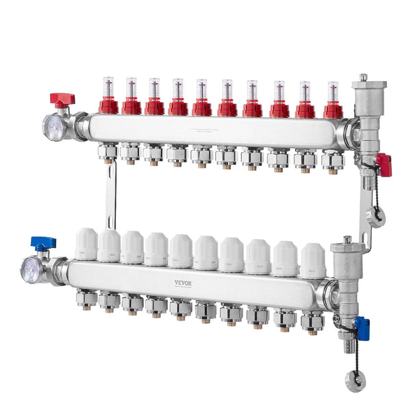 Vevor 10 Branch Radiant Heat Manifold 1/2" Pex Tubing Stainless Steel For Hydronic Floor Heating Kit With Adapters Included Other Pipe Tools
