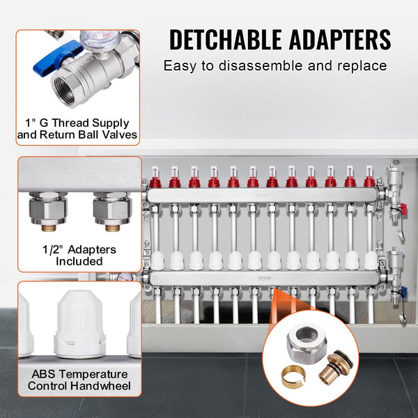 Vevor 12 Branch Radiant Heat Manifold 1/2" Pex Tubing Stainless Steel For Hydronic Floor Heating Kit With Adapters Included Other Pipe Tools
