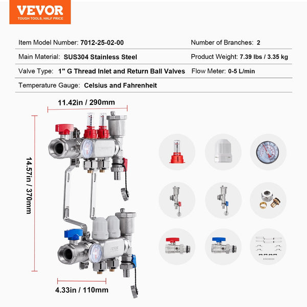 2 Branch Radiant Heat Manifold 1/2 Inch Pex Stainless Steel Hydronic Floor Heating Kit With Adapters Other Pipe Tools