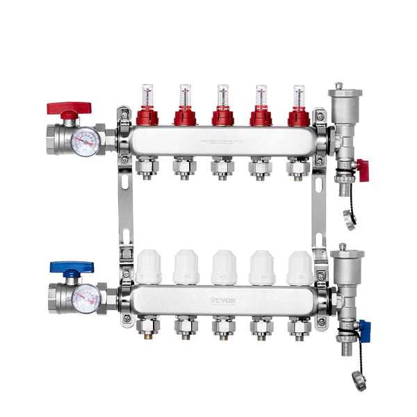 Vevor 5 Branch Radiant Heat Manifold 1/2" Pex Tubing Stainless Steel For Hydronic Floor Heating Kit With Adapters Included Other Pipe Tools