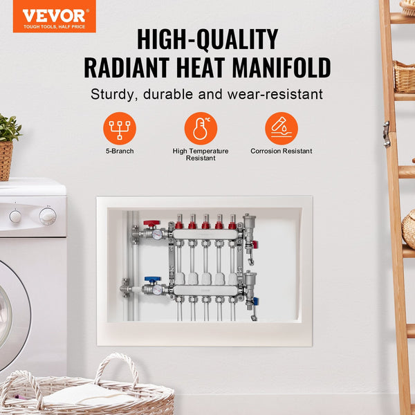 Vevor 5 Branch Radiant Heat Manifold 1/2" Pex Tubing Stainless Steel For Hydronic Floor Heating Kit With Adapters Included Other Pipe Tools