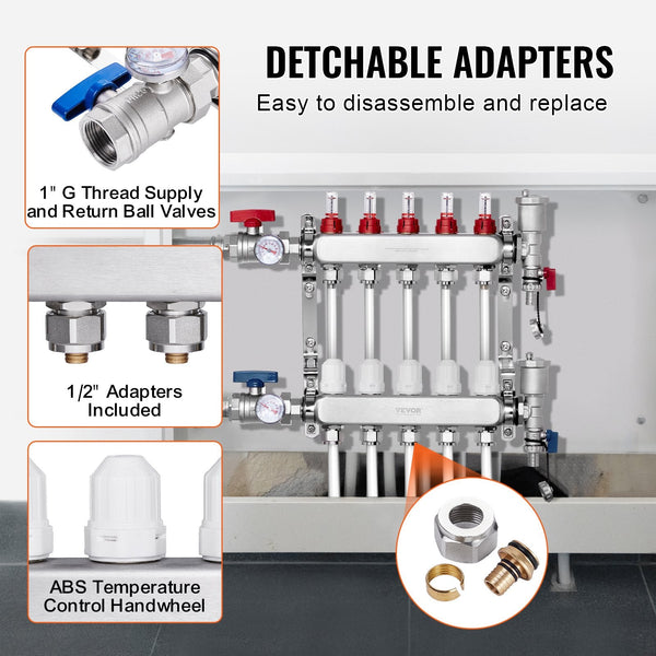 Vevor 5 Branch Radiant Heat Manifold 1/2" Pex Tubing Stainless Steel For Hydronic Floor Heating Kit With Adapters Included Other Pipe Tools