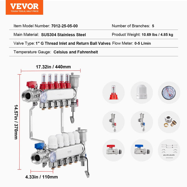 Vevor 5 Branch Radiant Heat Manifold 1/2" Pex Tubing Stainless Steel For Hydronic Floor Heating Kit With Adapters Included Other Pipe Tools