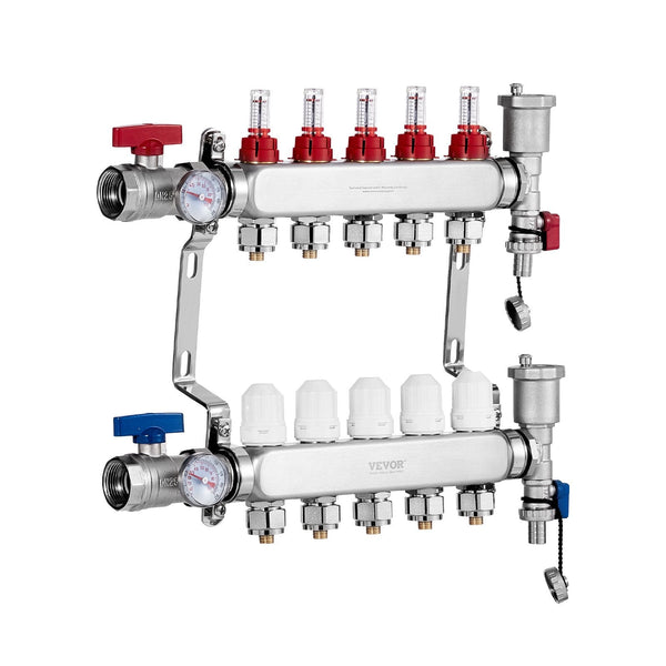 Vevor 5 Branch Radiant Heat Manifold 1/2" Pex Tubing Stainless Steel For Hydronic Floor Heating Kit With Adapters Included Other Pipe Tools