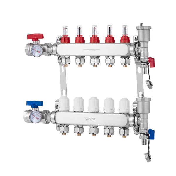 Vevor 5 Branch Radiant Heat Manifold 1/2" Pex Tubing Stainless Steel For Hydronic Floor Heating Kit With Adapters Included Other Pipe Tools