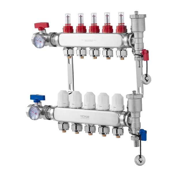 Vevor 5 Branch Radiant Heat Manifold 1/2" Pex Tubing Stainless Steel For Hydronic Floor Heating Kit With Adapters Included Other Pipe Tools