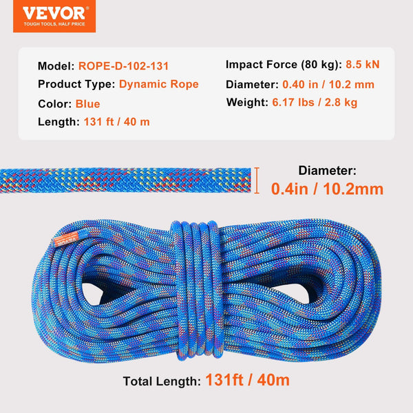 10.2Mm Dynamic Climbing Rope 40M(131Ft) Outdoor Rock 25Kn Breaking Tension Stretchable Fiber With Steel Snap Hooks For Escape Rappelling Fire Rescue B