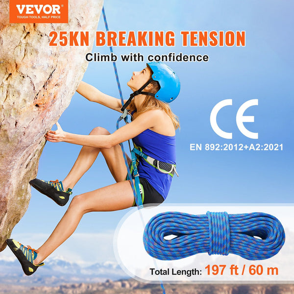 10.2Mm Dynamic Climbing Rope 60M(197Ft) Outdoor Rock 25Kn Breaking Tension Stretchable Fiber With Steel Snap Hooks For Escape Rappelling Fire Rescue B