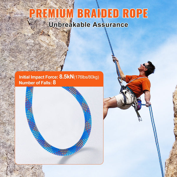 10.2Mm Dynamic Climbing Rope 60M(197Ft) Outdoor Rock 25Kn Breaking Tension Stretchable Fiber With Steel Snap Hooks For Escape Rappelling Fire Rescue B