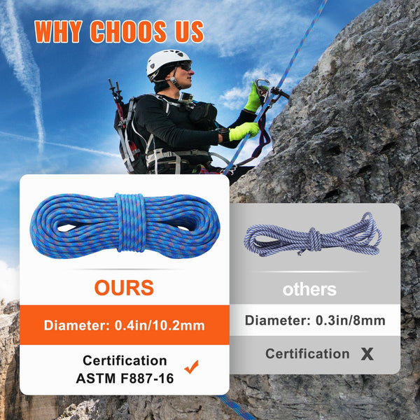 10.2Mm Dynamic Climbing Rope 60M(197Ft) Outdoor Rock 25Kn Breaking Tension Stretchable Fiber With Steel Snap Hooks For Escape Rappelling Fire Rescue B