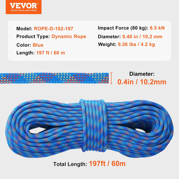 10.2Mm Dynamic Climbing Rope 60M(197Ft) Outdoor Rock 25Kn Breaking Tension Stretchable Fiber With Steel Snap Hooks For Escape Rappelling Fire Rescue B