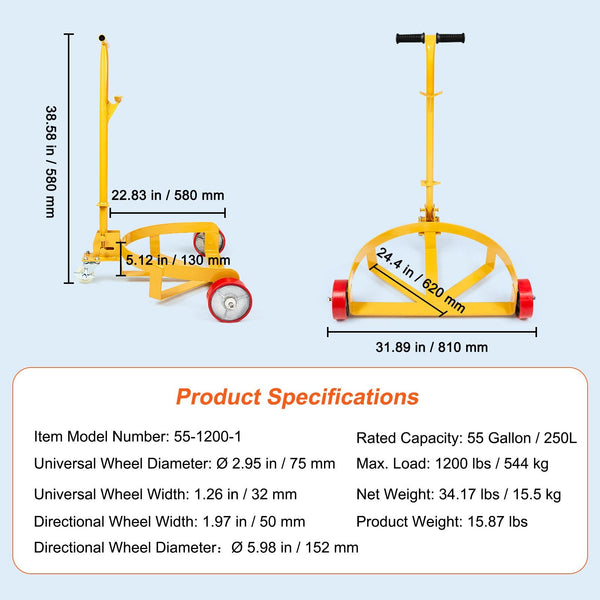 Vevor 250L Drum Dolly 544 Kg Load Capacity Barrel Cart Caddy Round Steel Low Profile Heavy Duty Frame With Adjustable Handle 3 Wheels For Workshop Fac