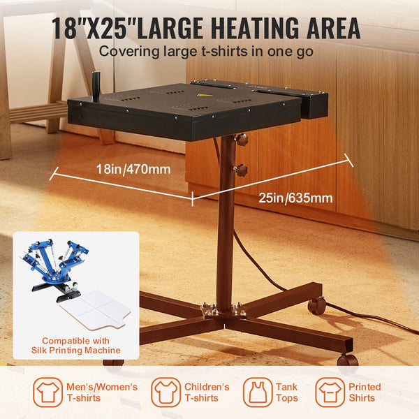 Vevor Flash Dryer 18 X 25 Inch For Screen Printing High Power Silk With Height Adjustable Stand 360 Rotation X Shaped Base Steel T Shirt Curing Machin