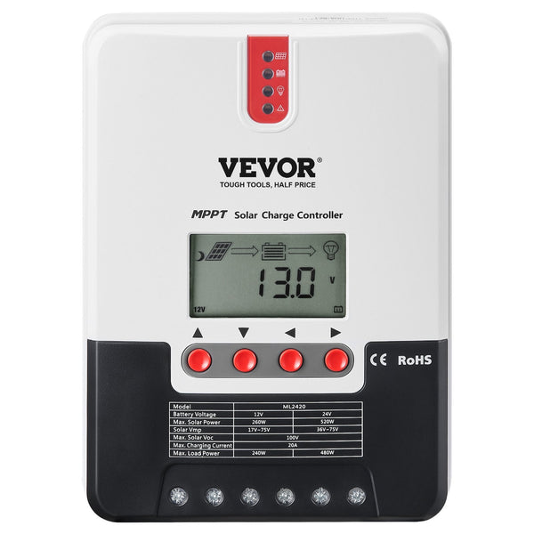 Vevor 20A Mppt Solar Charge Controller Auto Dc Input Panel Regulator Charger With Lcd Display Temperature Sensor Cable For Sealed(Agm) Gel Flooded And