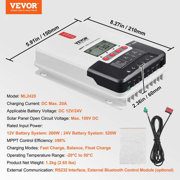 Vevor 20A Mppt Solar Charge Controller Auto Dc Input Panel Regulator Charger With Lcd Display Temperature Sensor Cable For Sealed(Agm) Gel Flooded And