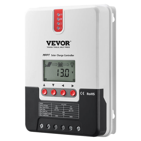 Vevor 20A Mppt Solar Charge Controller Auto Dc Input Panel Regulator Charger With Lcd Display Temperature Sensor Cable For Sealed(Agm) Gel Flooded And