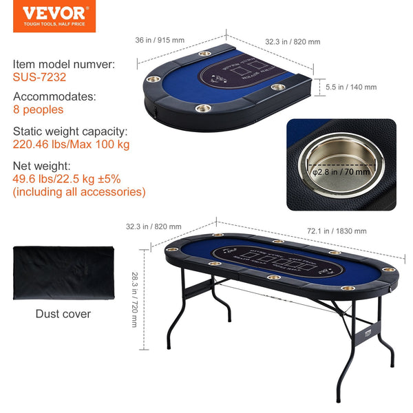 Vevor 8 Player Foldable Poker Table Blackjack Texas Holdem With Padded Rails And Stainless Steel Cup Holders Portable Folding Card Board Game Table183