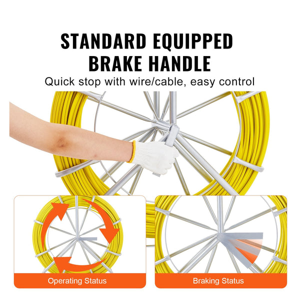 Vevor Fish Tape Fiberglass 150 M 7.9 Mm Duct Rodder Fishtape Wire Puller Cable Running With Steel Reel Stand 3 Pulling Heads Fishing Tools For Walls A