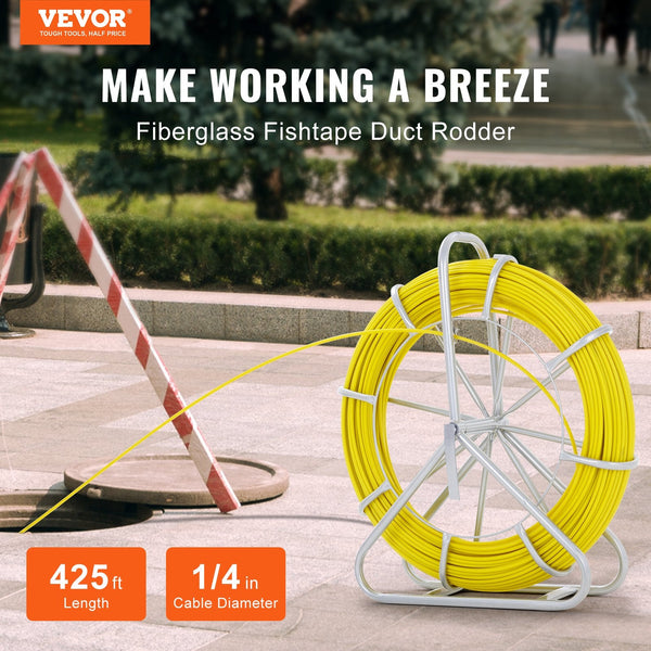 Vevor Fish Tape Fiberglass 129.5 M 6.35 Mm Duct Rodder Fishtape Wire Puller Cable Running With Steel Reel Stand Pulling Heads Fishing Tools For Walls