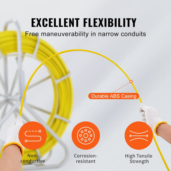 Vevor Fish Tape Fiberglass 129.5 M 6.35 Mm Duct Rodder Fishtape Wire Puller Cable Running With Steel Reel Stand Pulling Heads Fishing Tools For Walls