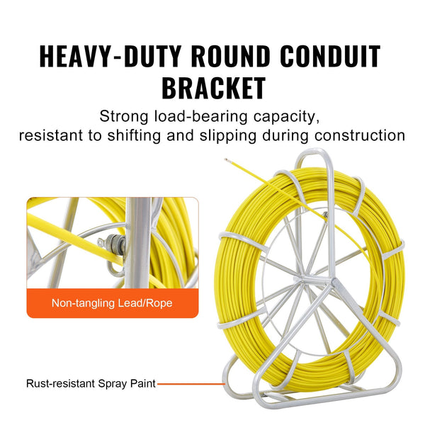 Vevor Fish Tape Fiberglass 129.5 M 6.35 Mm Duct Rodder Fishtape Wire Puller Cable Running With Steel Reel Stand Pulling Heads Fishing Tools For Walls