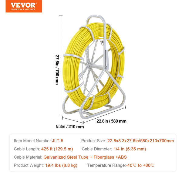 Vevor Fish Tape Fiberglass 129.5 M 6.35 Mm Duct Rodder Fishtape Wire Puller Cable Running With Steel Reel Stand Pulling Heads Fishing Tools For Walls