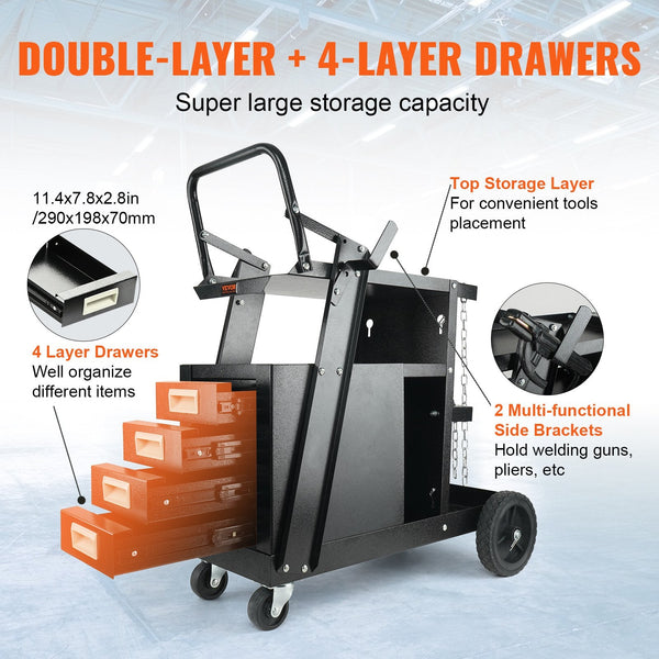 Welding Cart 2 Tier 4 Drawers Welder With 265 Lbs Weight Capacity Swivel Wheels Tank Storage Safety Chains Heavy Duty Rolling Mig For And Plasma Cutte