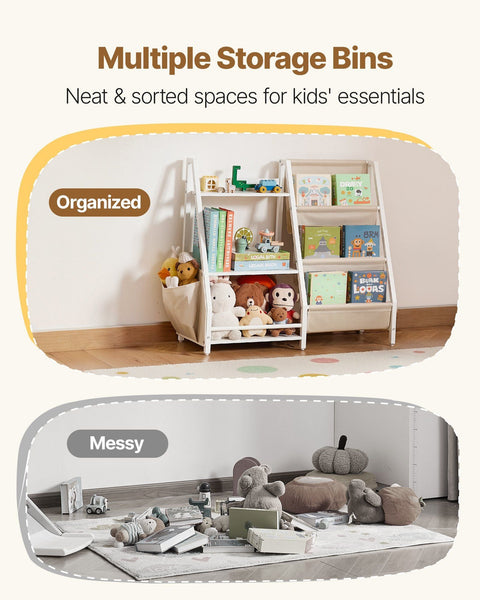 3 Tier Kids Bookshelf Toy Storage Organiser For Toddler Shelf Rooms With Sling Rack And Bag Shelves Playroom Kindergarten Nursery Book Stands