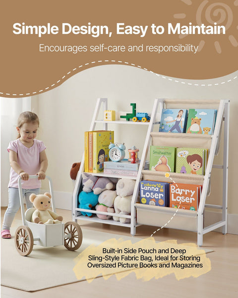 3 Tier Kids Bookshelf Toy Storage Organiser For Toddler Shelf Rooms With Sling Rack And Bag Shelves Playroom Kindergarten Nursery Book Stands