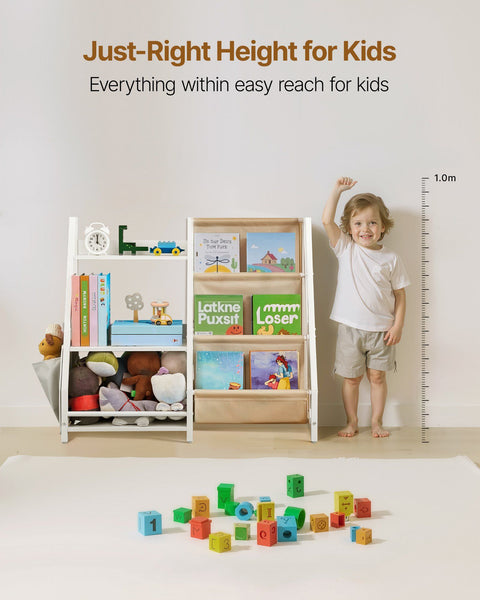3 Tier Kids Bookshelf Toy Storage Organiser For Toddler Shelf Rooms With Sling Rack And Bag Shelves Playroom Kindergarten Nursery Book Stands