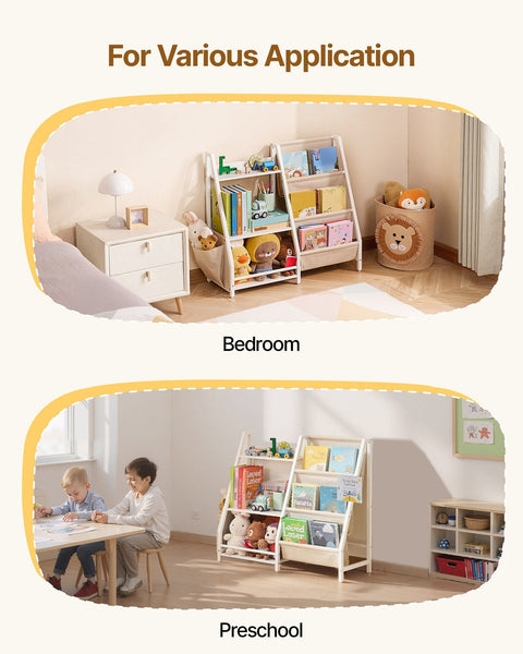 3 Tier Kids Bookshelf Toy Storage Organiser For Toddler Shelf Rooms With Sling Rack And Bag Shelves Playroom Kindergarten Nursery Book Stands