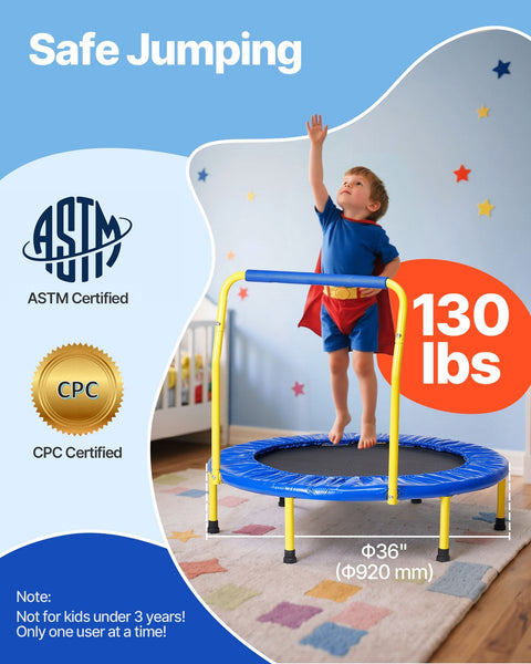 Vevor 3Ft Trampoline For Kids 92 Cm Indoor/Outdoor Toddlers Foldable Mini Baby With Foam Handle Recreational Birthday Gift 3+ Years Trampolines