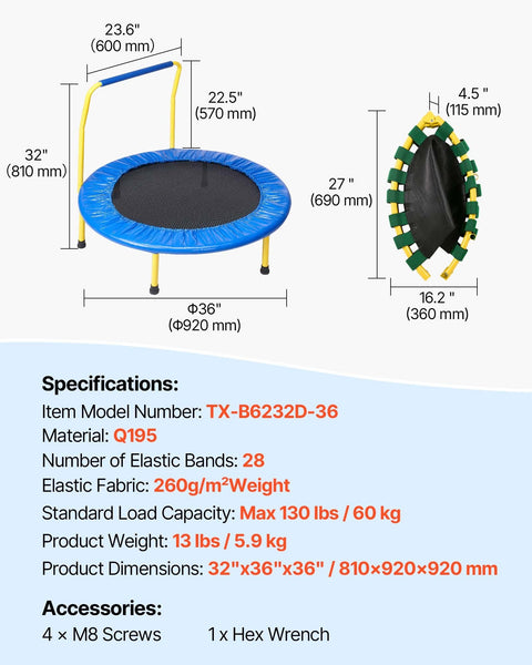 Vevor 3Ft Trampoline For Kids 92 Cm Indoor/Outdoor Toddlers Foldable Mini Baby With Foam Handle Recreational Birthday Gift 3+ Years Trampolines
