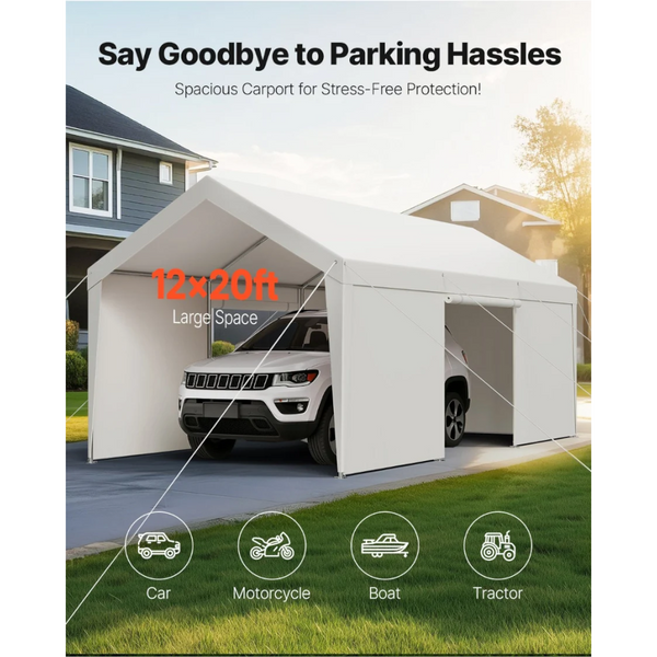 Carport Canopy 12X20ft Heavy Duty Shelter With Sidewalls Grey Awning & Canopy Parts
