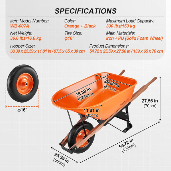 Vevor Wheelbarrow Cart One 6 Cu Ft Garden Dump 330 Lbs Utility Wheelbarrows Carts Wagons